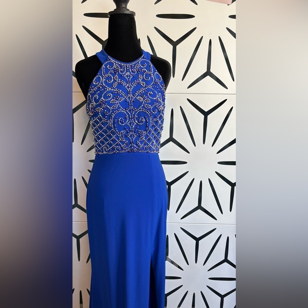 Morgan & Co Royal Blue Beaded Floor Length Gown w/ Side Slit – Sz 5/6 - Picture 2 of 12
